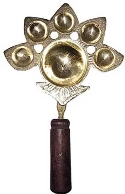 Pure Brass Wooden Panch Arti Diya, 0.6 inch, Pack Of 1, BRD-028