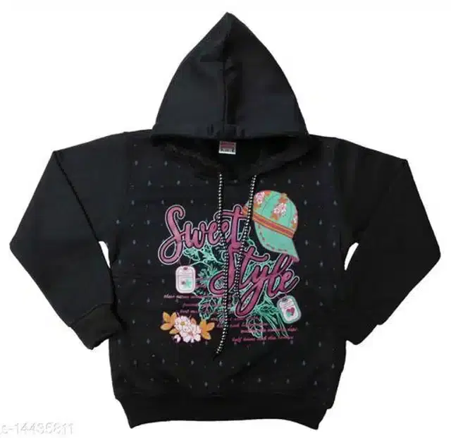 Fleece Printed Full Sleeves Hooded Sweatshirt for Girls (Black, 10-11 Years)
