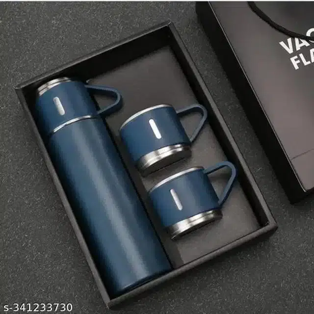 Stainless Steel Water Bottle with 2 Pcs Cups, Blue, Set of 2