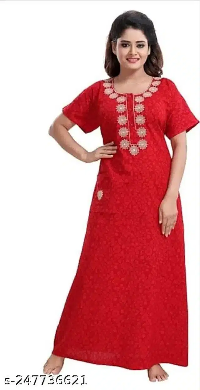 Cotton Embroidered Gown for Women (Red, XXL)