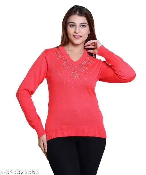 Acrylic Embellished Sweater for Women (Peach, M)