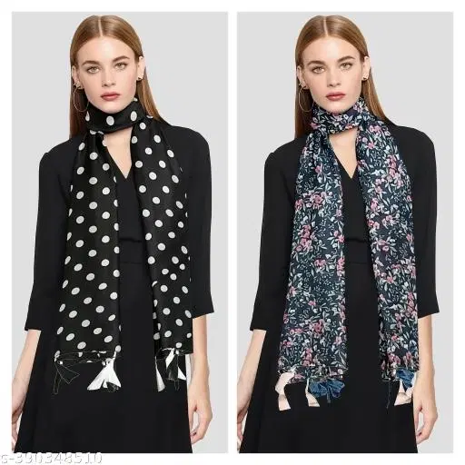 Poly Chiffon Printed Scarves for Women, Black, Pack of 2