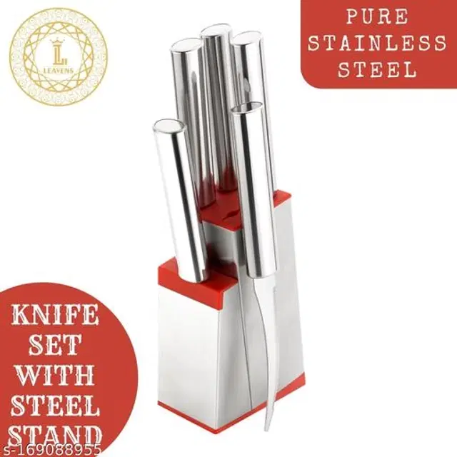 Stainless Steel Knife Set with Stand, Silver & Red, Set of 5