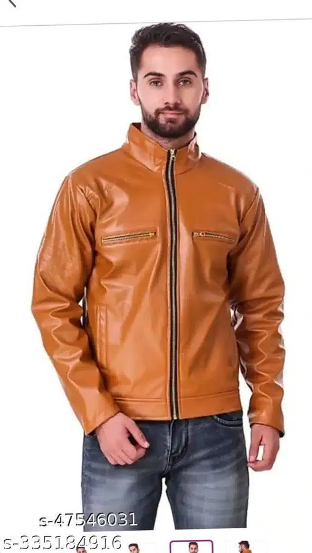 Synthetic Leather Full Sleeves Solid Jacket for Men (Orange, XL)
