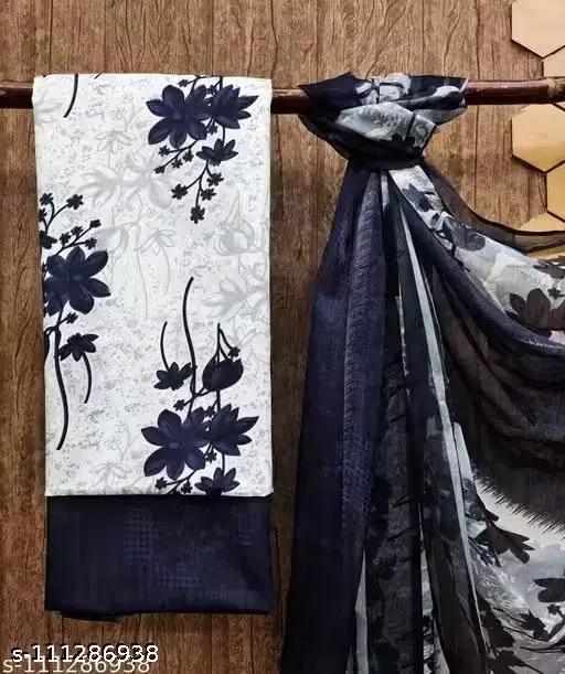 Floral Print Cotton Blend Unstitched Suit Fabric for Women, White & Blue
