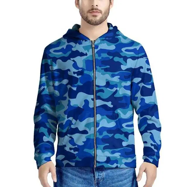 Camo Print Men's Zip Up Hoodie (Blue, L) (PV-10)
