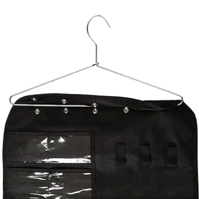 TerraHome x Double-R Dual-Sided Hanging Jewellery Organizer – 56 Pockets & 9 Hooks for Earrings, Rings, Bracelets, Necklaces – Non-Woven Jewelry Holder (Black, 81x44x1 cm)