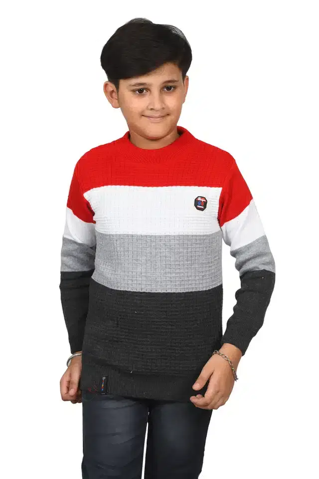Full Sleeves Sweater for Boys (Red & White, 8-9 Year)