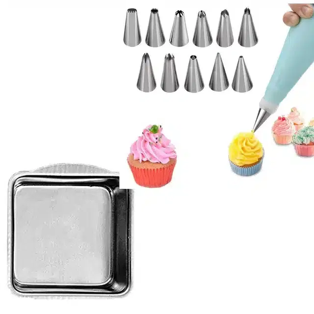 Combo of Aluminium Cake Mould & Cake Decorating Nozzle set with Piping Bag, Pack of 14, Multicolor