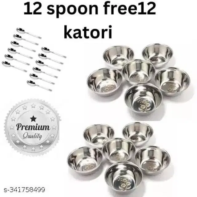 Stainless Steel 12 Pcs Bowls with 12 Pcs Spoon, Silver, Set of 2