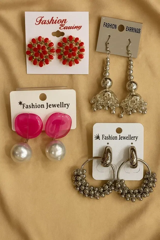 Designer Jhumka Earrings for Women and Girls, Assorted, Pack of 4