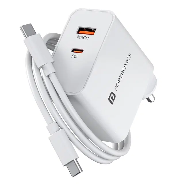 Portronics 45w Adapto 45b Dual Port Fast Charging Adaptor With Type C Pd Port & Usb-a Port, 1m Type C Cable, Pps Technology, Supports iPhone, Samsung, Tablets & Laptops(White)