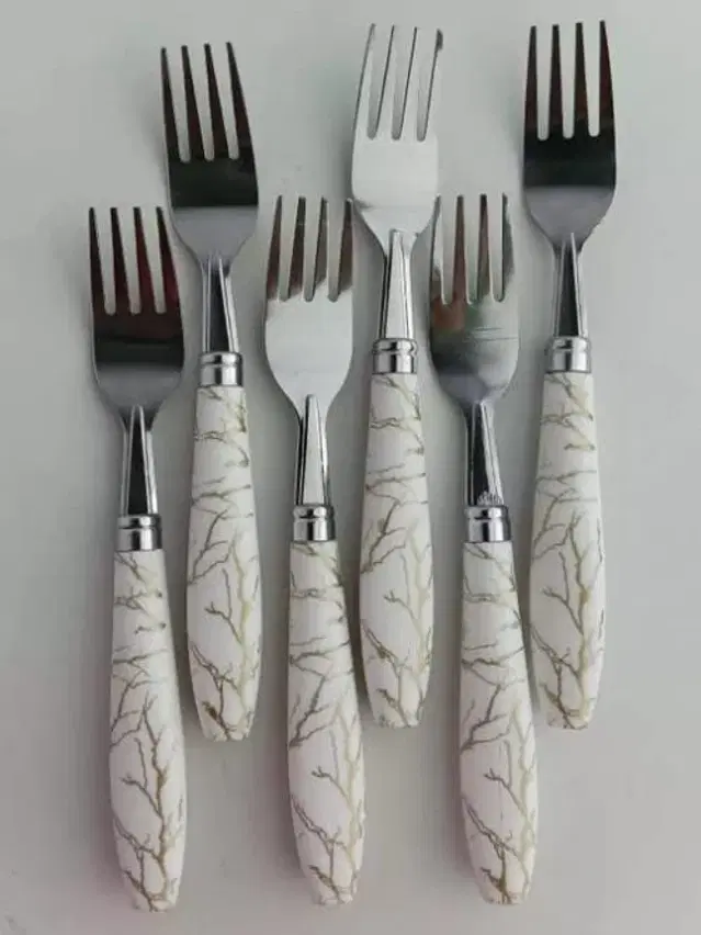 Stainless Steel Marble Design Premium Dinner Forks, White & Silver, Pack of 6
