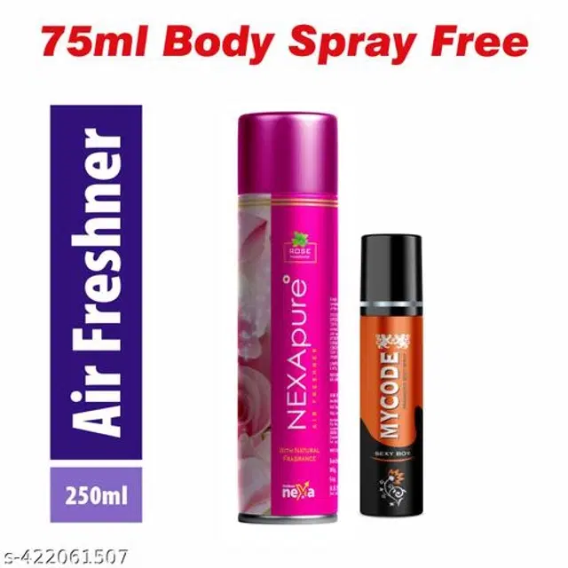 Nexa Rose Air Freshener, 250 ml with MYCODE Sexy Boy Body Spray, 75 ml, Set of 2