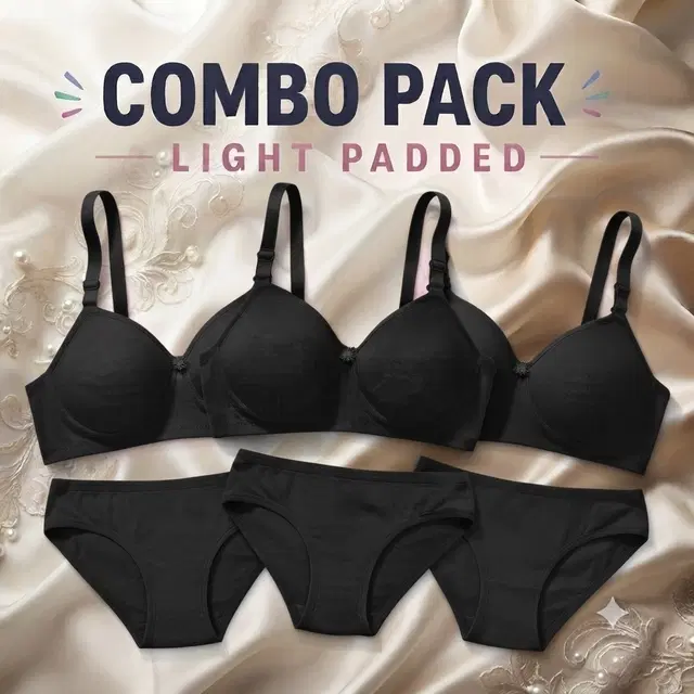 Cotton Bra and Hipster Panty Set for Women, Pack of 3 (Black, 32B)