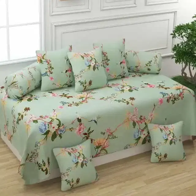Adirav Polycotton Feel Single Bed Sheet, 2 Bolster covers & 5 Cushion Covers, Green, ADRV-DW-94