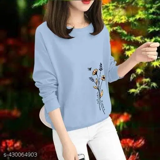 Cotton Printed Sweatshirt for Women (Sky Blue, XS)