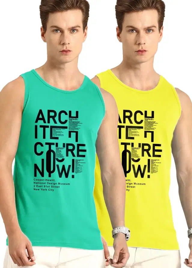 Polyester Printed Vest for Men, Pack of 2 (Green & Yellow, S)