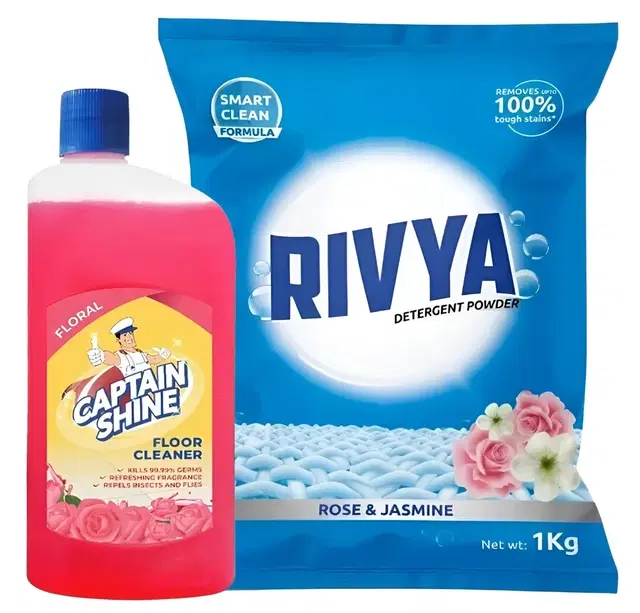 Captain Shine Disinfectant Floor Cleaner 500 ml (Floral) + Rivya Detergent Powder 1 kg