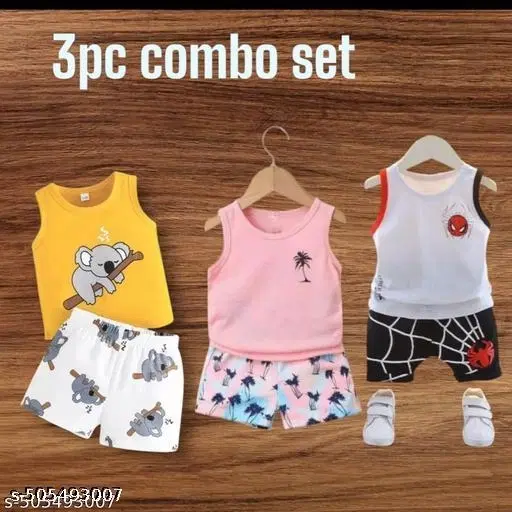 Hosiery Cotton Printed Clothing Set for Kids, Multicolor, Pack of 3 (0-3 Months)