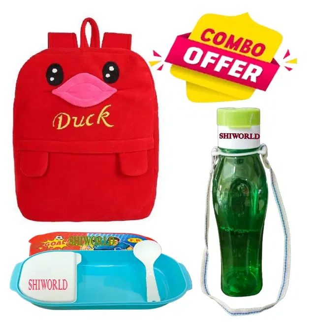 Combo of Fabric School Bag, Water Bottle with Lunch Box for Kids, Multicolor, Set of 3