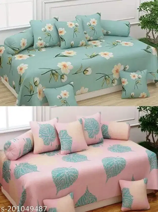 Polycotton Diwan Cover Set, Aqua Green & Pink, Combo of 2
