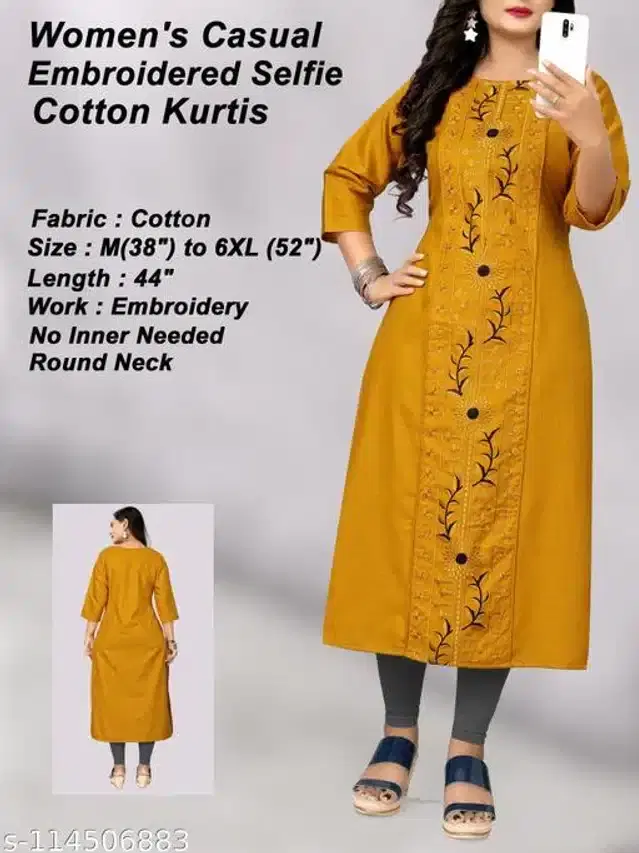 Cotton Blend Embroidered Kurti for Women (Mustard, XL)