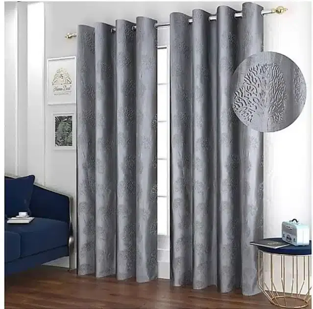Polyester Embroidered Window & Door Curtains, Pack of 2, Grey, 5 feet