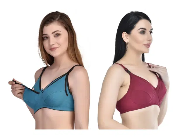 Cotton Blend Solid Non Padded Feeding Bras for Women, Pack of 2 (Multicolor, 40)