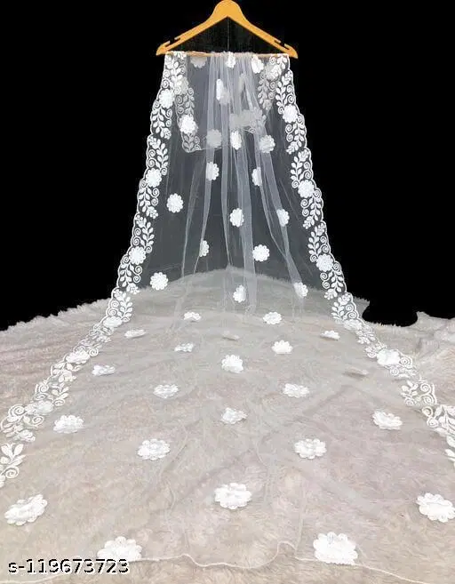 Embroidered Banarasi Net Floral Sewing & Embroidery (White, Free Size)