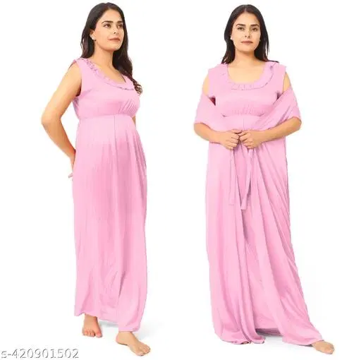 Satin Soft & Attractive Nightdress for Women & Girls , Pink (Free Size)