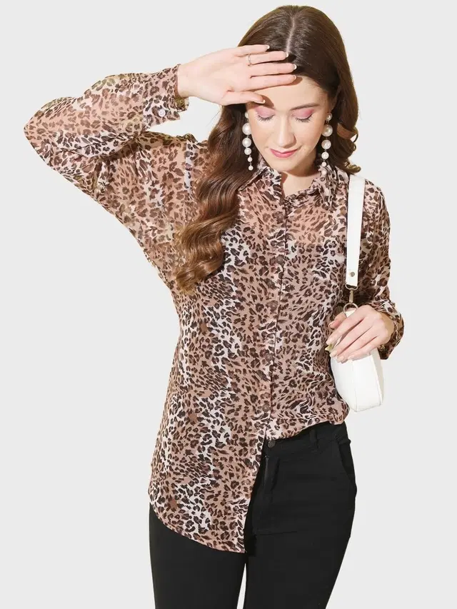 Full Sleeves Printed Shirt for Women (Light Brown, L)