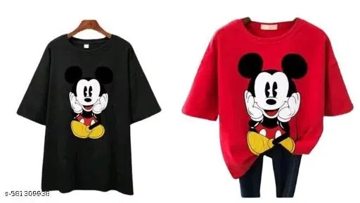 Polycotton Printed T-Shirt for Women, Red & Black, Pack of 2 (S)