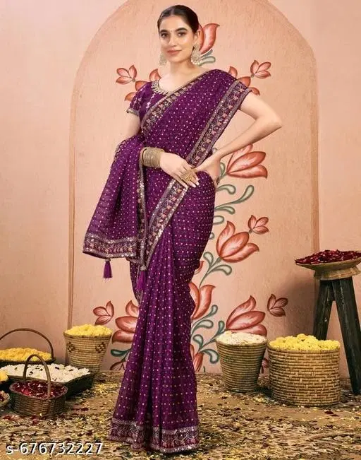Chiffon Self-Design Saree For Women, Purple
