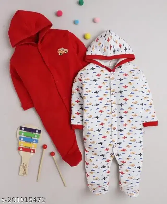 Cotton Rompers for Kids (Red & White, 0-3 Months)