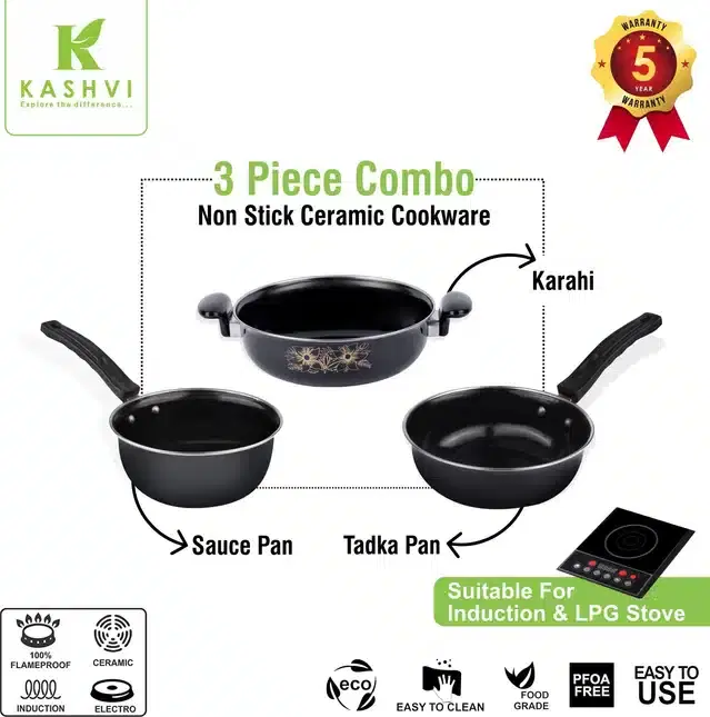Non Stick Kadai, Stainless Steel Lid & Frying Pan with Saucepan, Black, Set of 3