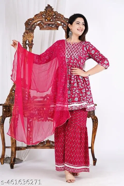 Rayon Embroidered Anarkali Kurti with Sharara & Dupatta for Women, Pink (XS)