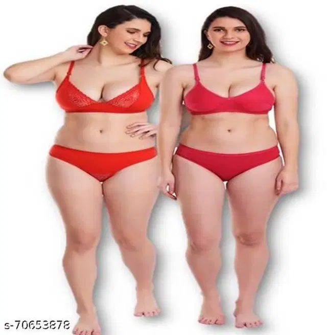 Cotton Blend Solid Lingerie Set for Women, Pack of 2 (Multicolor, 30A)