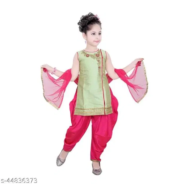 Poly Silk Kurta Sets for Girls ( Green & Pink, 5-6 Years)