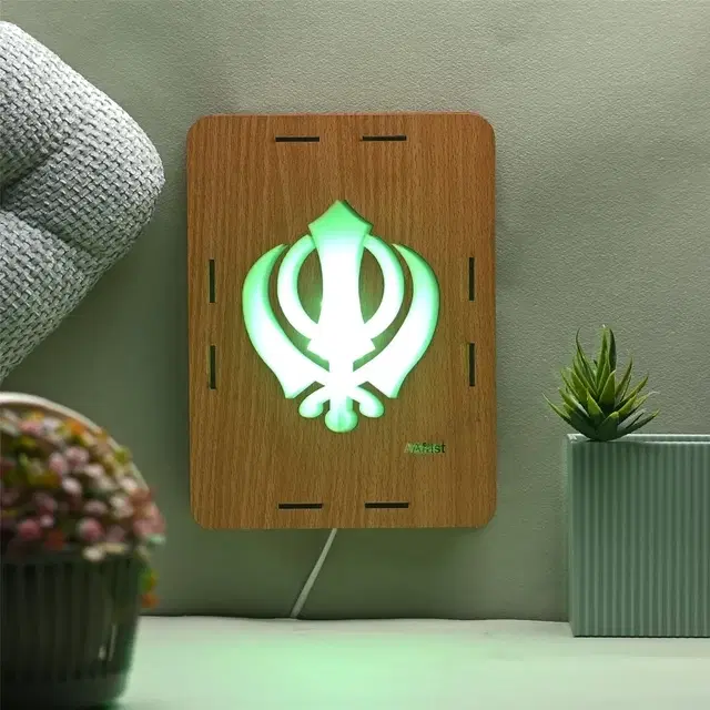 Sikh Khanda Wooden Led Wall Frame Lamp (9x6 Inch)