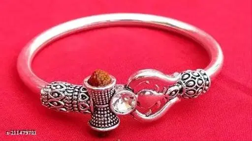 Silver Oxidized Rudraksha Damroo Kada Bracelet for Men