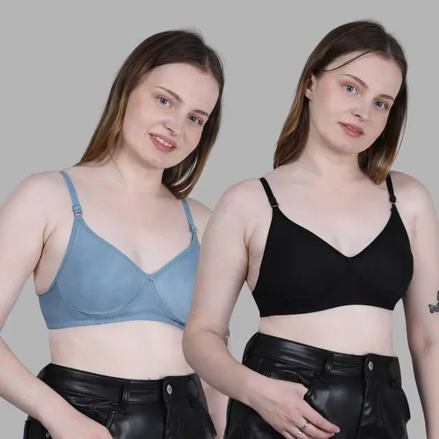 Cotton Solid Non Padded Bra for Women, Multicolour, Pack of 2 (32B)