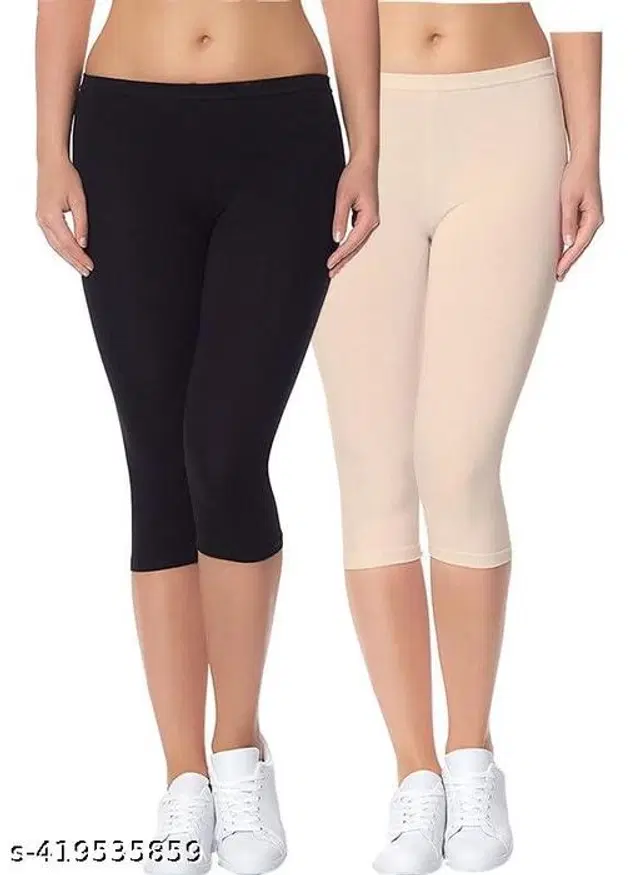 Cotton Lycra Capri for Women, Pack of 2 (Multicolor, M)