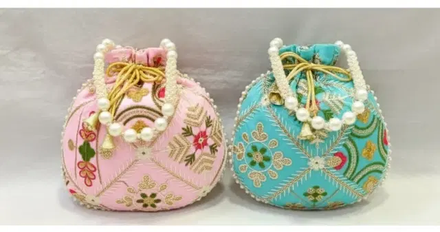 Handcrafted Embroidered Silk Potli Bag, Multicolour, Pack of 2