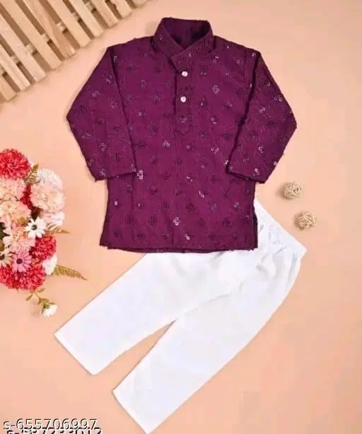 Floral Seqiunned Cotton Kurta Set for Boys (White, 6-12 Months)