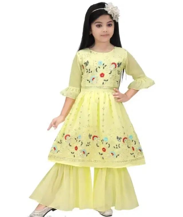 Georgette Kurta Set for Girls (Yellow, 18-24 Months)