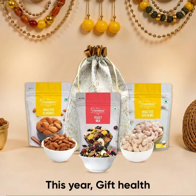 Gift Pack – Trail Mix (Feast) 150 g, Roasted Almonds 100 g, Roasted Cashews 100 g with Potli