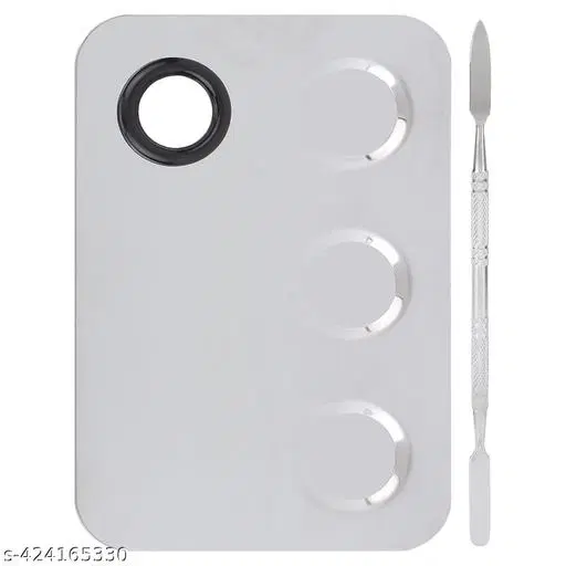 Makeup Palette 6x4inch Stainless Steel 3-well Nail-art Cosmetic Artist Mixing Palette with Spatula Tool for Mixing Foundation Silver