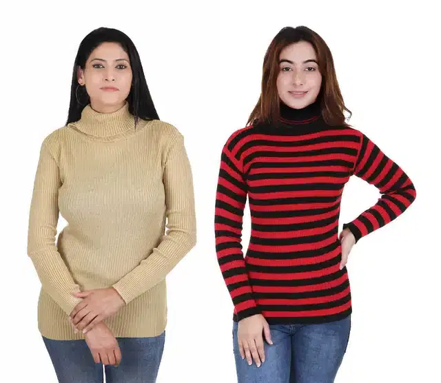 Full Sleeves Solid Sweater for Women, Pack of 2 (Beige & Maroon, S)
