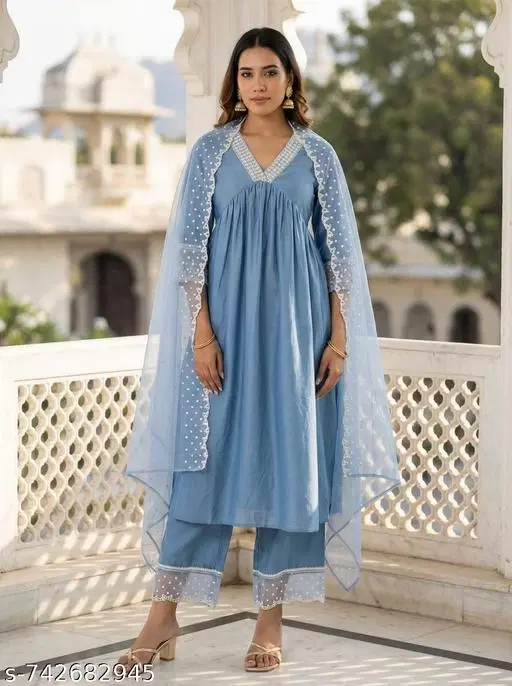 Embroidered Parmpara Womens kurta sets Blue, (Size: M)